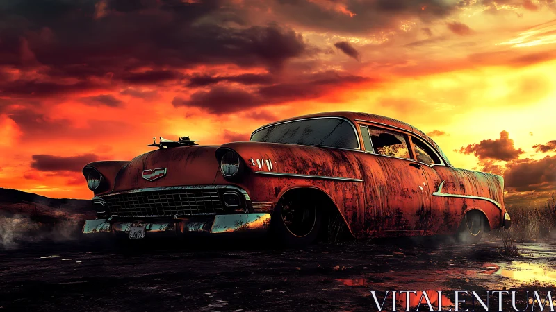 Weathered classic car rests under a blazing, moody sunset sky
