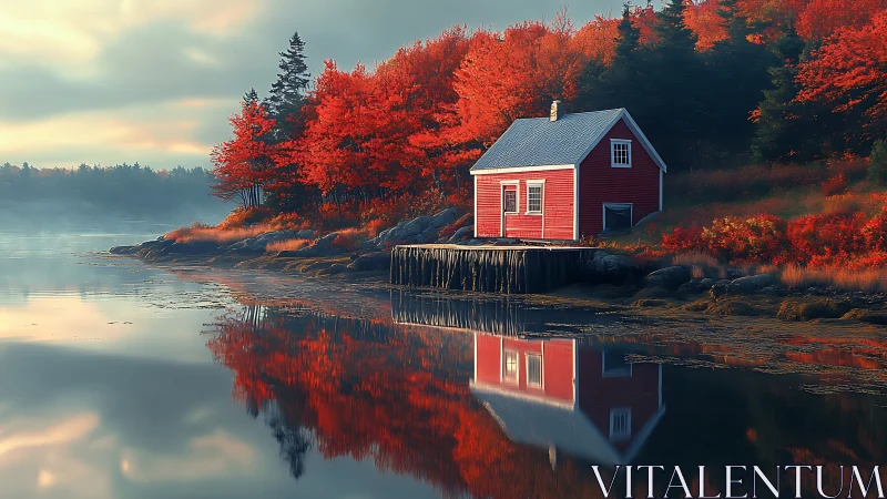 Lakeside red cabin amid vibrant autumn forest reflection.