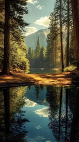 Mountain forest lake with tall pines and clear reflection.