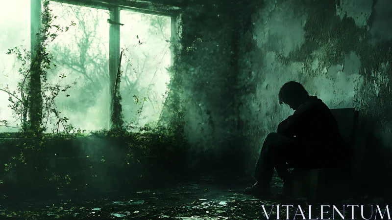 Solitary figure in decayed interior beside overgrown window.