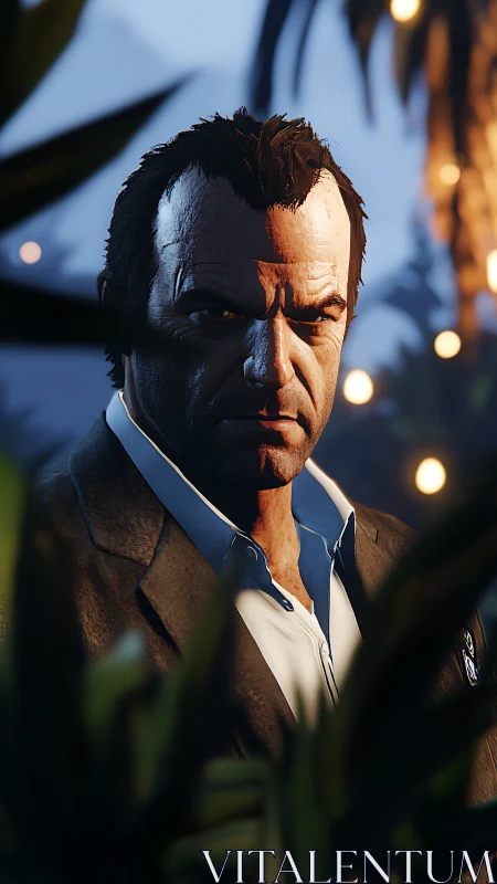 Serious suited man in dramatic outdoor night portrait.