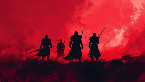 Crimson horizon calls four shadowed warriors to battle.