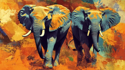 Two stylized elephants against abstract orange background.