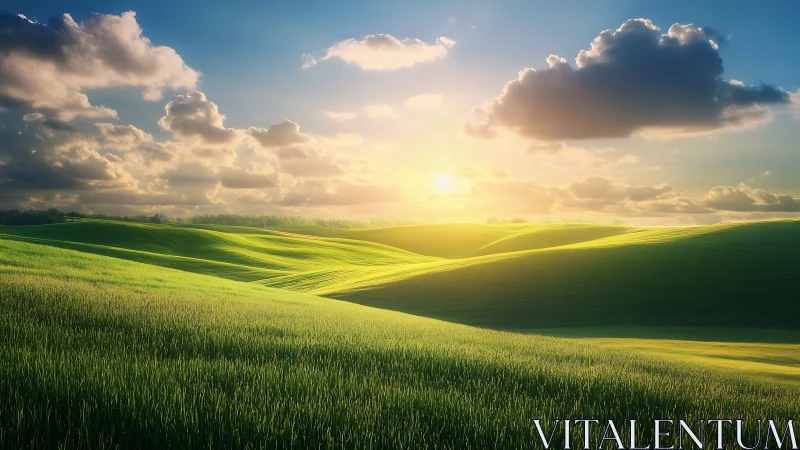 Sunlit stratified grassland waves under volumetric clouds.