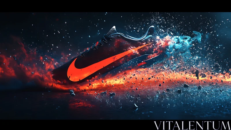 Ignited sprint shoe erupts through neon fire and frozen sparks.