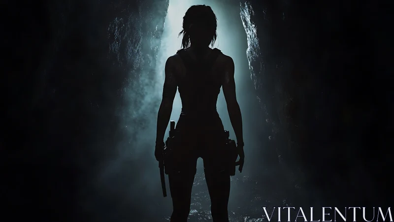 Silhouetted explorer framed in backlit cavern entrance composition.