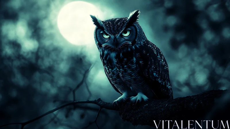 Nocturnal horned owl under full moon in eerie forest glow.