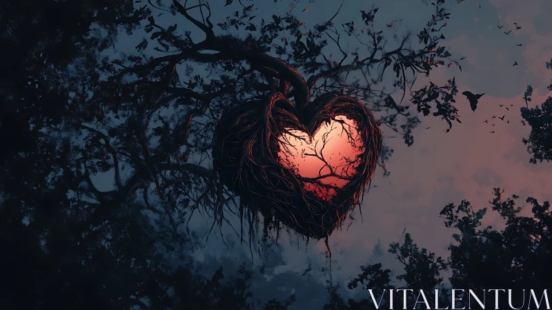 Heart-Shaped Void Illuminated by Crimson Glow Through Silhouetted Foliage