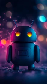 Neon-eyed toy robot quietly guards a dreamy bokeh cosmos