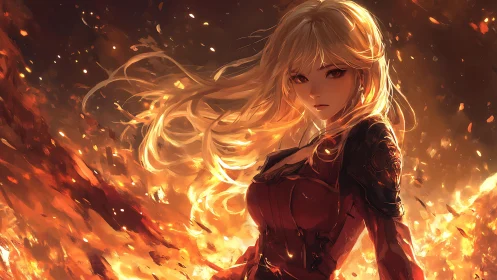 Flame-clad warrior in ember storm with luminous blonde hair.