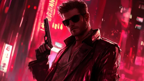 Neon drenched vigilante stands armed in a cyberpunk city haze