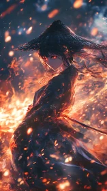Fiery cloaked swordswoman stands amid drifting embers