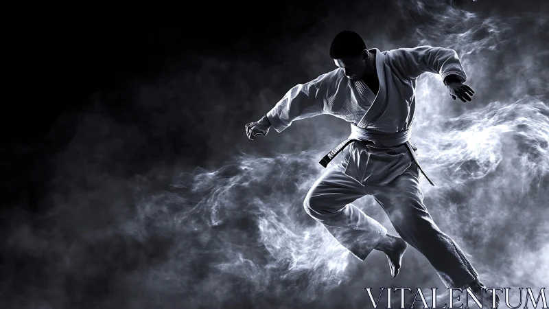 Martial artist leaping through swirling monochrome smoke.