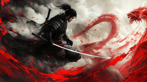 Samurai duelist faces crimson dragon amid storming clouds.