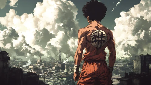 Stormback warrior surveys smoglit city horizon in silence.