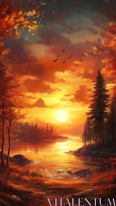 Fiery autumn sunset over calm forest lake and shoreline.