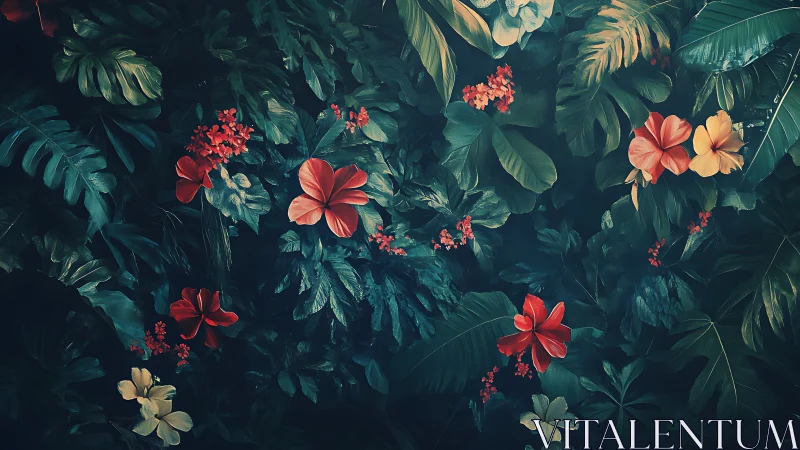 Lush digital jungle with vivid red tropical blossoms.