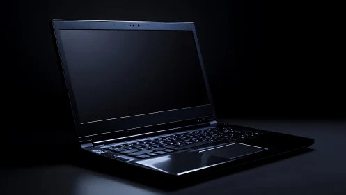 Sleek black laptop in dark studio with reflective keys.