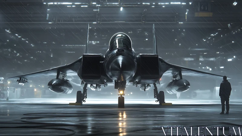 Midnight jet stands ready in a softly lit rainy hangar