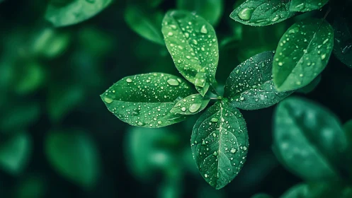 Raindrops resting on fresh green leaves after soft rainfall.