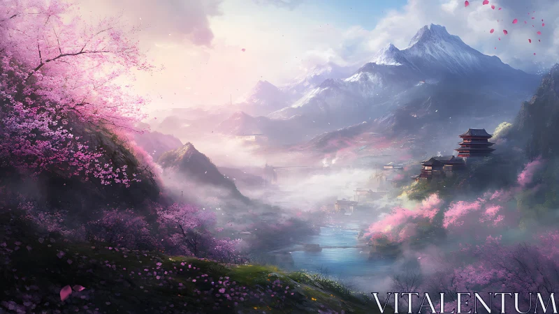 Dreamy cherry blossom valley with tranquil mountain temples.