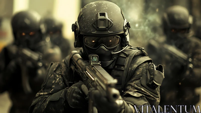 Elite tactical squad advances through smoke filled urban zone