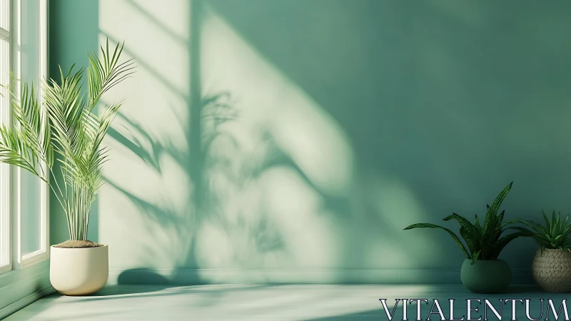 Sunlit interior wall with potted plants casting defined shadows