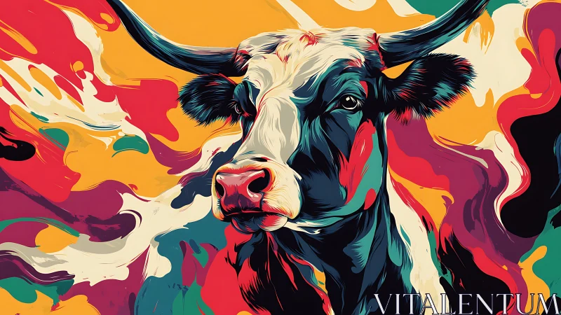 Color-drenched cow calmly surfs swirling abstract sunset tides