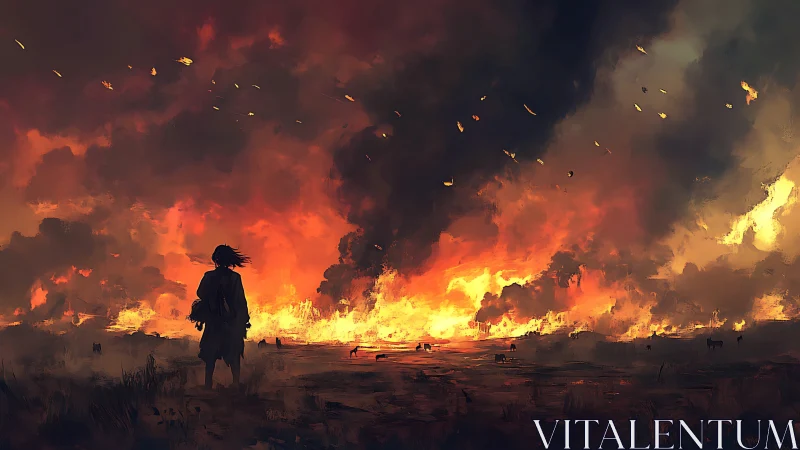 Figure observing large-scale fire across expansive landscape terrain.