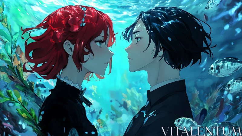 Submerged anime couple rendered with dynamic caustics and color contrast