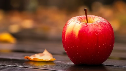 Red apple on wet wooden surface in soft autumn light.