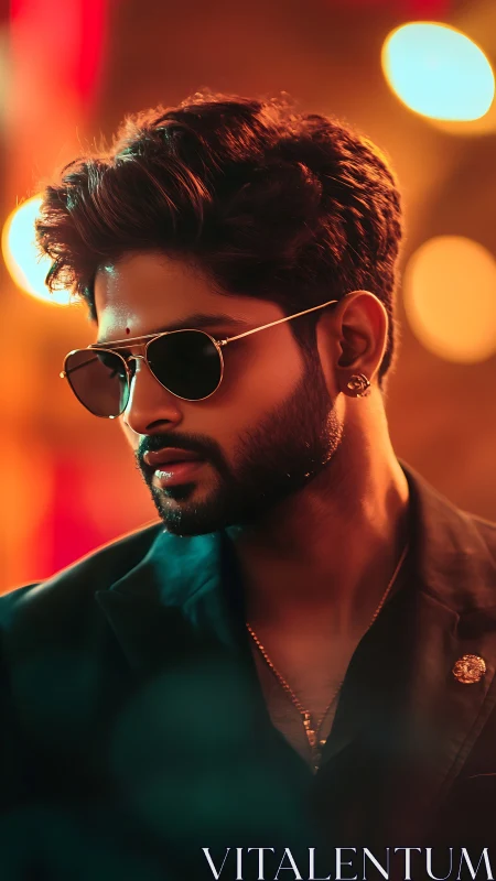 Cinematic low-key portrait of stylish man in bokeh city light