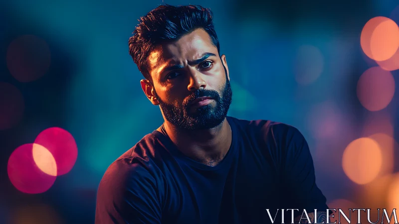 Portrait of a bearded man against defocused colored lights