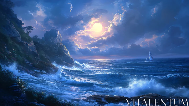Moonlit seascape with crashing waves and distant sailboat.