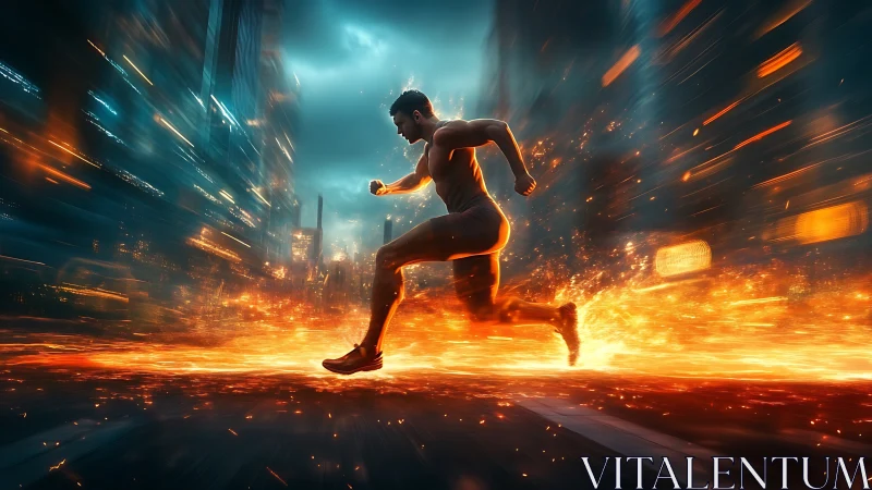 Cyber runner sprinting through blazing neon city street.