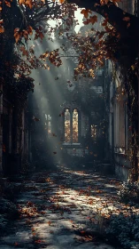 Ruined gothic corridor under autumn light shafts.