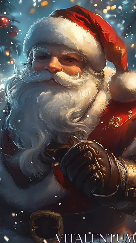 Snowlit Santa portrait glowing with cozy festive magic.