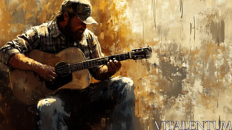 Rugged guitarist plays acoustic in textured golden light