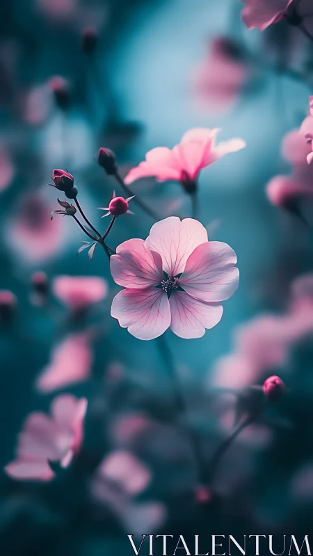 Pink flower macro on teal background with soft bokeh focus.