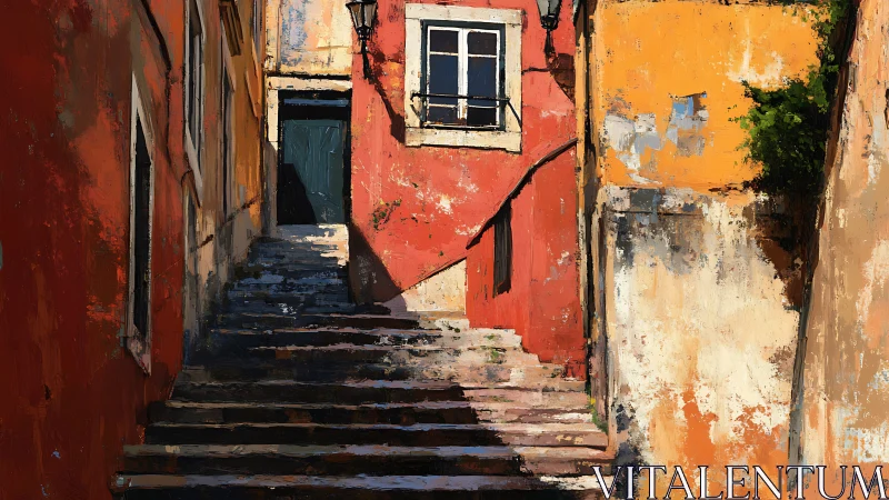 Sunlit stone stairway between textured ochre and red walls