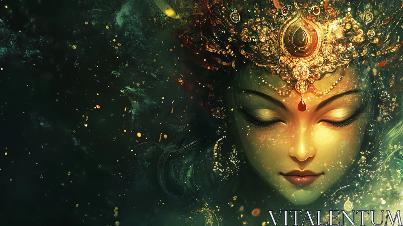 Ornate crowned female face in luminous abstract space.