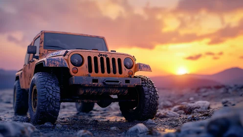 Sunset trail rider resting on a rocky desert road.