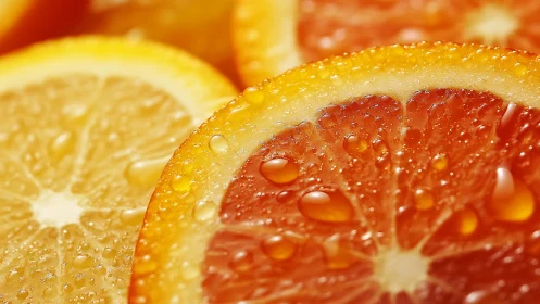 Citrus slice closeup with water droplets on rind and pulp.