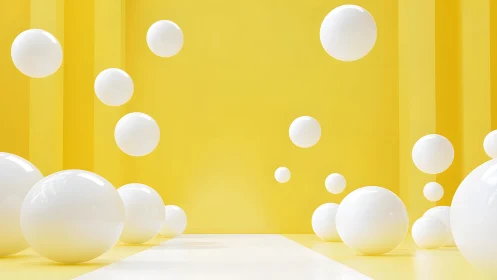 White spheres hover across vivid yellow geometric room