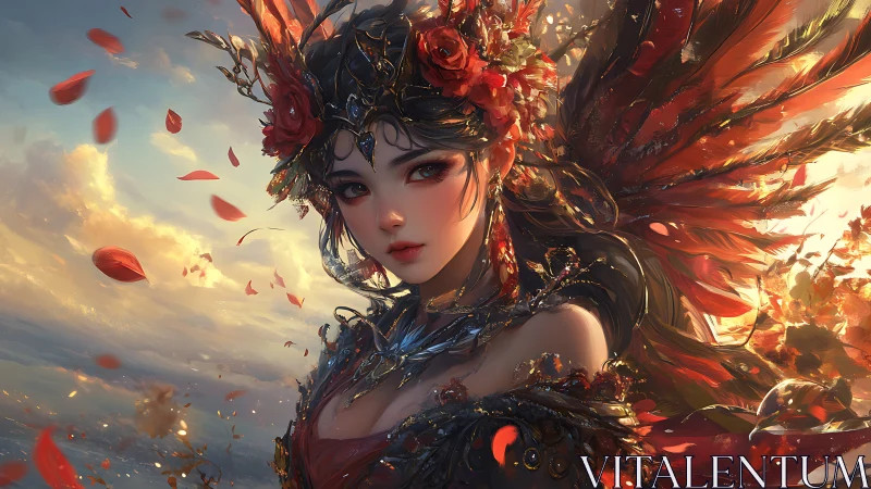 Autumn winged enchantress with crimson floral coronet design.