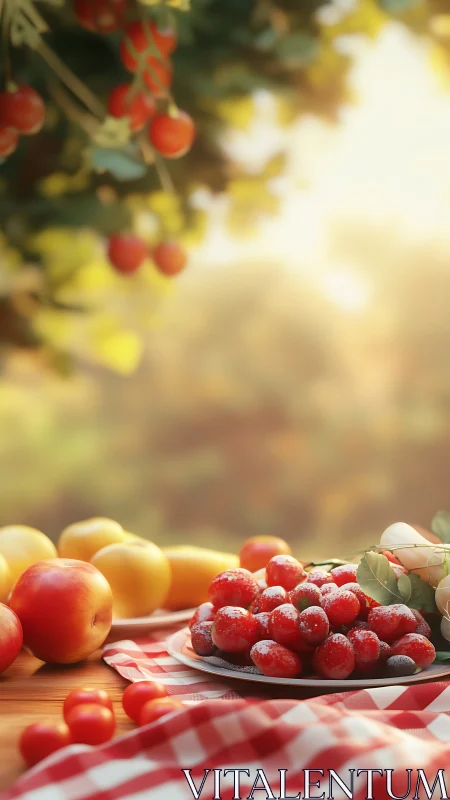 Photorealistic summer still life with orchard fruits on table.