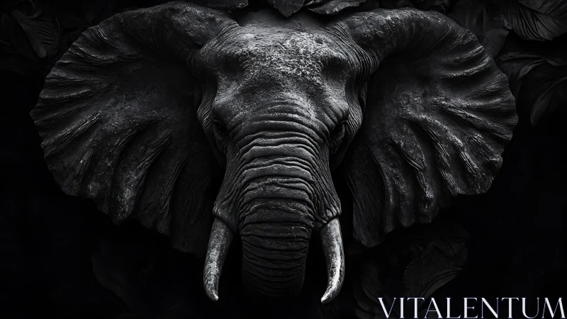 Elephant head sculpture rendered in dark monochrome detail