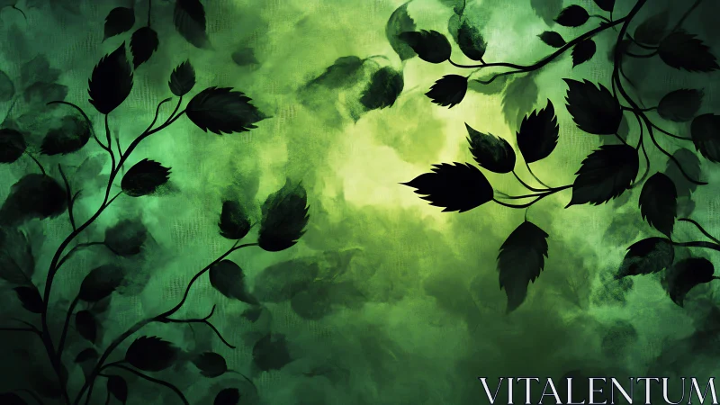 Emerald foliage silhouettes drift across glowing misty light.