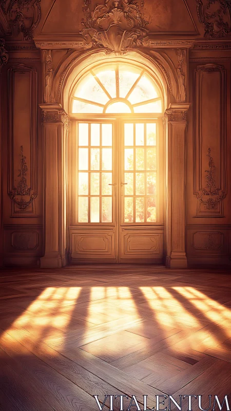 Backlit baroque doorway casts diffused grids of golden light