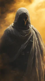 Hooded plague doctor stands in swirling golden fog ominously.